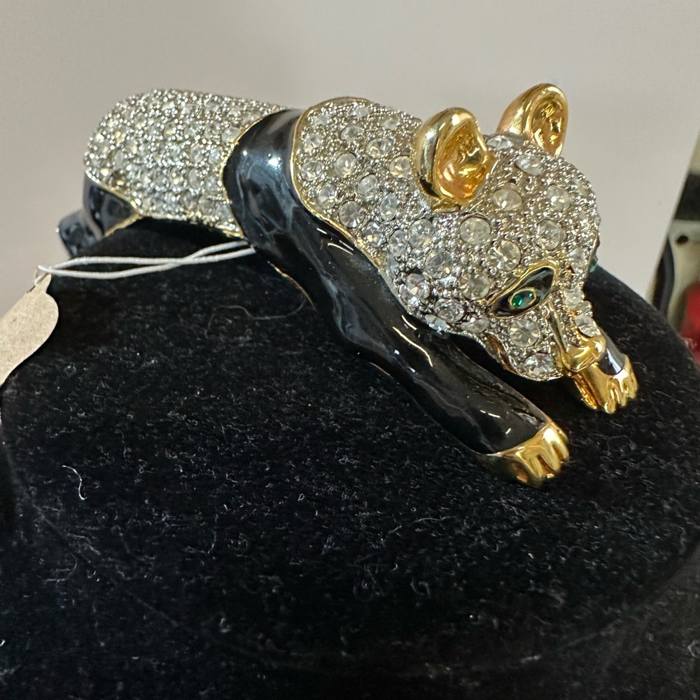 Vintage Goldtone Black Enamel Rhinestone PANDA Bear Shoulder Brooch